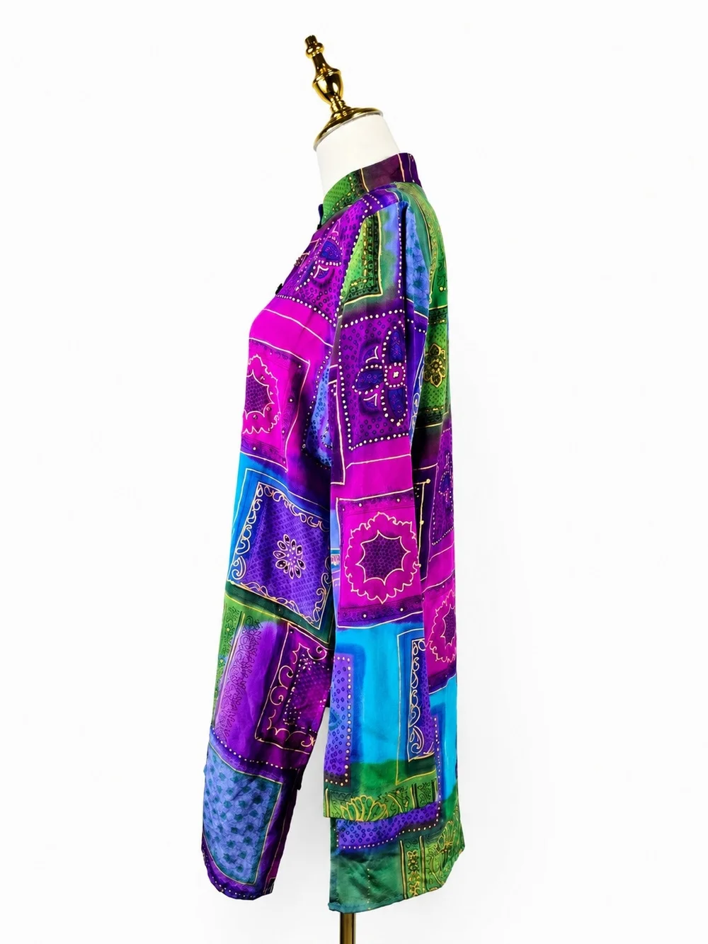 Vintage Diane Gilman 100% Silk Tunic M Jewel Tone Patchwork Art to Wear Y2K